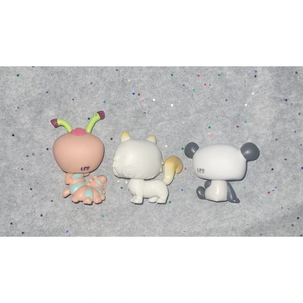 Hasbro Littlest Pet Shop LPS Lot 3 Figures Caterpillar Cat Panda Glittery Toy